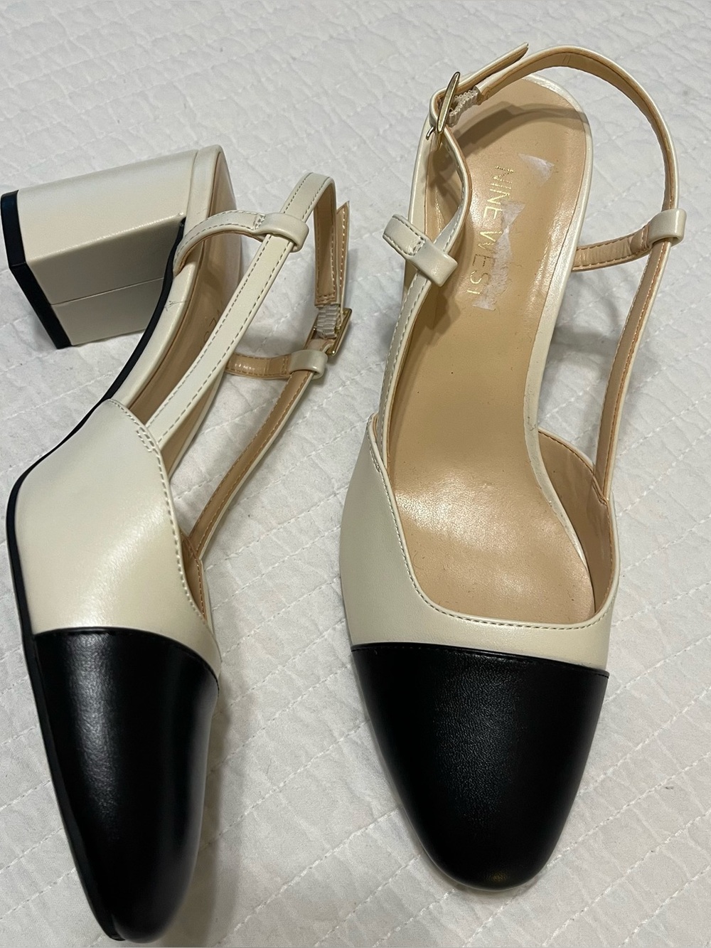 Two-Tone Black and Cream Slingback Block Heel Nine West Size 7